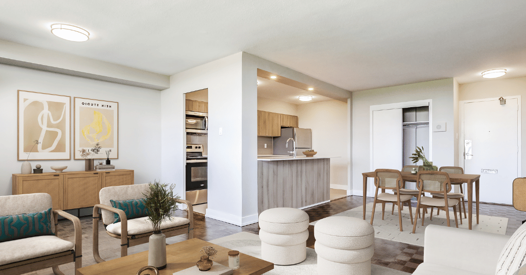 Staged open-concept living room at The Towers at York Mills & Leslie.